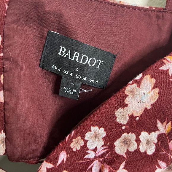 Bardot Women's Logan Maroon Floral Mini Dress Size 4 Long Sleeve Cutout Waist - Picture 10 of 12